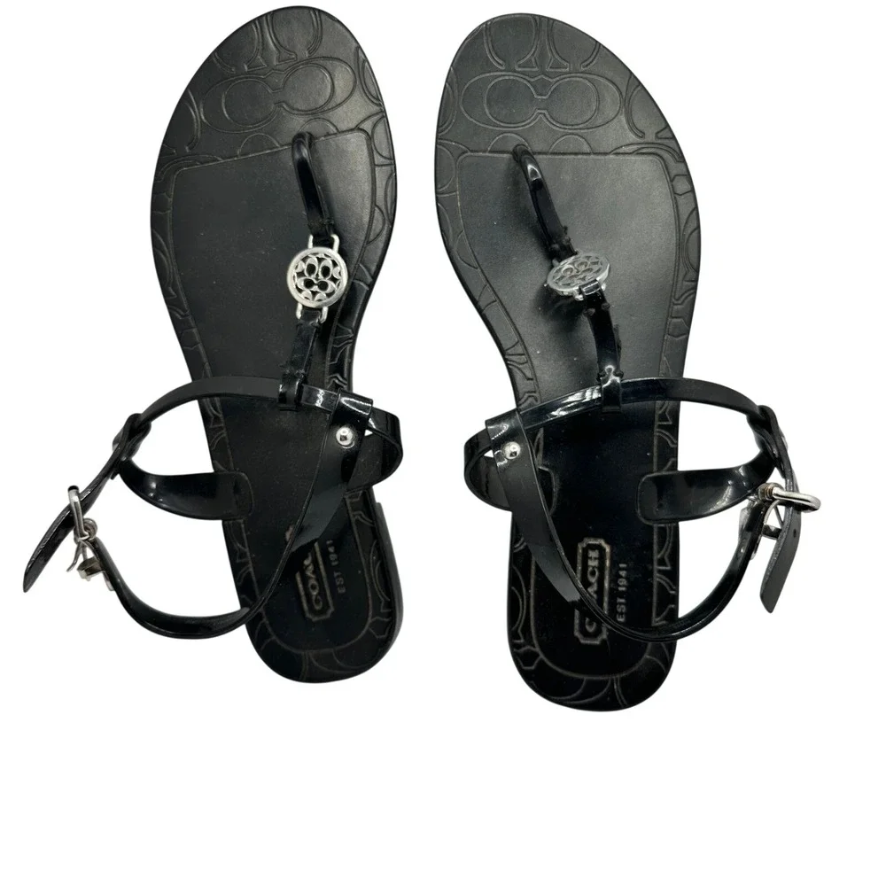 Coach Womens Pansy Sandals‎ Size 7 Black Jelly T-Strap Thong Slingback Medallion